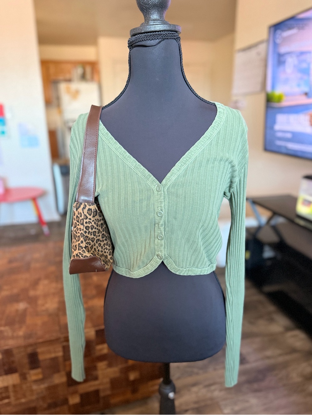 aerie Ribbed Cropped V-Neck Cardigan in Sage